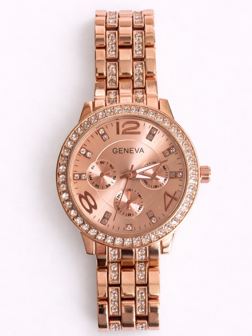 Sterling Silver Watch Rose Gold Tone Rhinestone Dial Analog Bracelet